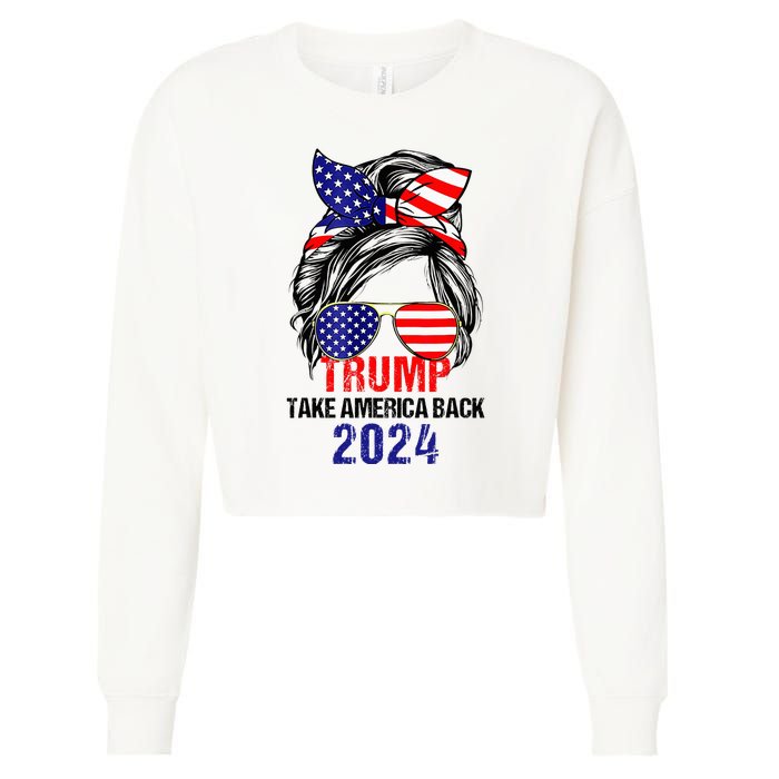 Messy Bun Support Trump 2024 Flag Take America Back Cropped Pullover Crew