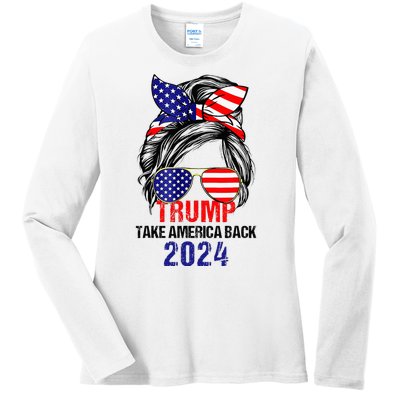 Messy Bun Support Trump 2024 Flag Take America Back Ladies Long Sleeve Shirt