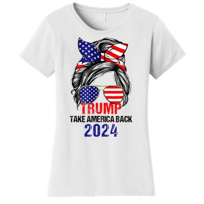 Messy Bun Support Trump 2024 Flag Take America Back Women's T-Shirt