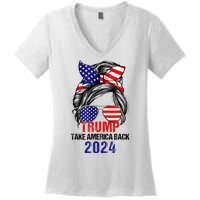 Messy Bun Support Trump 2024 Flag Take America Back Women's V-Neck T-Shirt