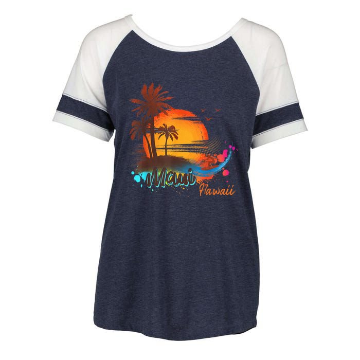 Maui-Hawaii Beach Summer Palm Trees Sunset Enza Ladies Jersey Colorblock Tee