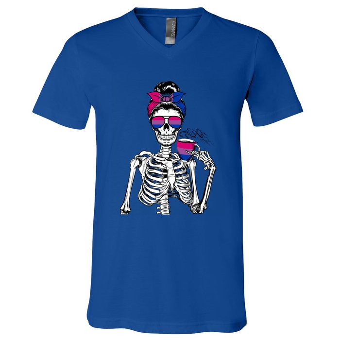 Messy Bun Skeleton Coffee Cup Bisexuality Flag Bisexual Lgbt Gift V-Neck T-Shirt