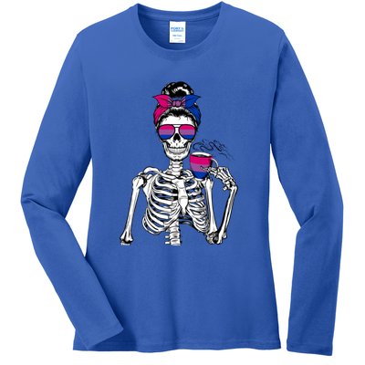 Messy Bun Skeleton Coffee Cup Bisexuality Flag Bisexual Lgbt Gift Ladies Long Sleeve Shirt