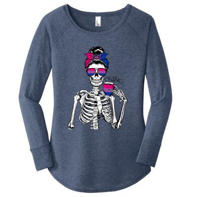 Messy Bun Skeleton Coffee Cup Bisexuality Flag Bisexual Lgbt Gift Women's Perfect Tri Tunic Long Sleeve Shirt