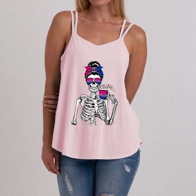 Messy Bun Skeleton Coffee Cup Bisexuality Flag Bisexual Lgbt Gift Women's Strappy Tank