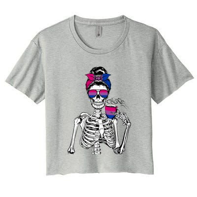 Messy Bun Skeleton Coffee Cup Bisexuality Flag Bisexual Lgbt Gift Women's Crop Top Tee