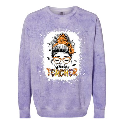 Messy Bun Spooky Teacher Bleached Halloween Teachers Colorblast Crewneck Sweatshirt