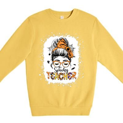 Messy Bun Spooky Teacher Bleached Halloween Teachers Premium Crewneck Sweatshirt