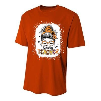 Messy Bun Spooky Teacher Bleached Halloween Teachers Performance Sprint T-Shirt