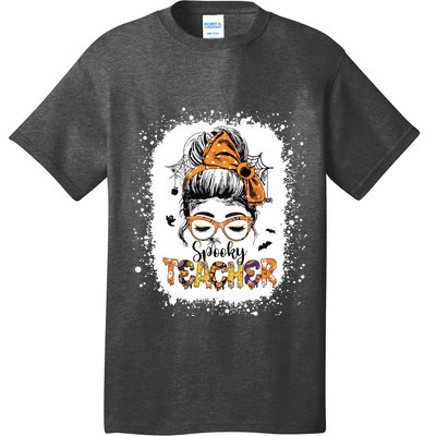 Messy Bun Spooky Teacher Bleached Halloween Teachers T-Shirt