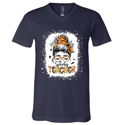 Messy Bun Spooky Teacher Bleached Halloween Teachers V-Neck T-Shirt