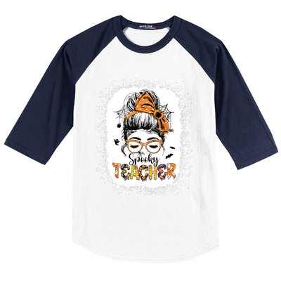 Messy Bun Spooky Teacher Bleached Halloween Teachers Baseball Sleeve Shirt