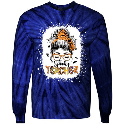 Messy Bun Spooky Teacher Bleached Halloween Teachers Tie-Dye Long Sleeve Shirt