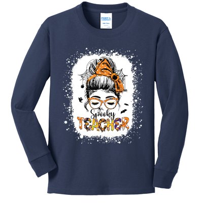 Messy Bun Spooky Teacher Bleached Halloween Teachers Kids Long Sleeve Shirt