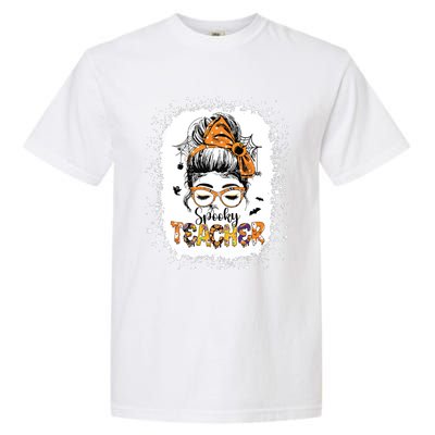 Messy Bun Spooky Teacher Bleached Halloween Teachers Garment-Dyed Heavyweight T-Shirt