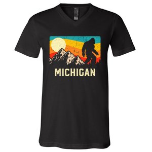 Michigan Bigfoot Sasquatch Mountains Retro Hiking V-Neck T-Shirt