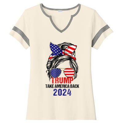 Messy Bun Support Trump 2024 Flag Take America Back Ladies Halftime Notch Neck Tee