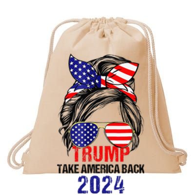 Messy Bun Support Trump 2024 Flag Take America Back Drawstring Bag