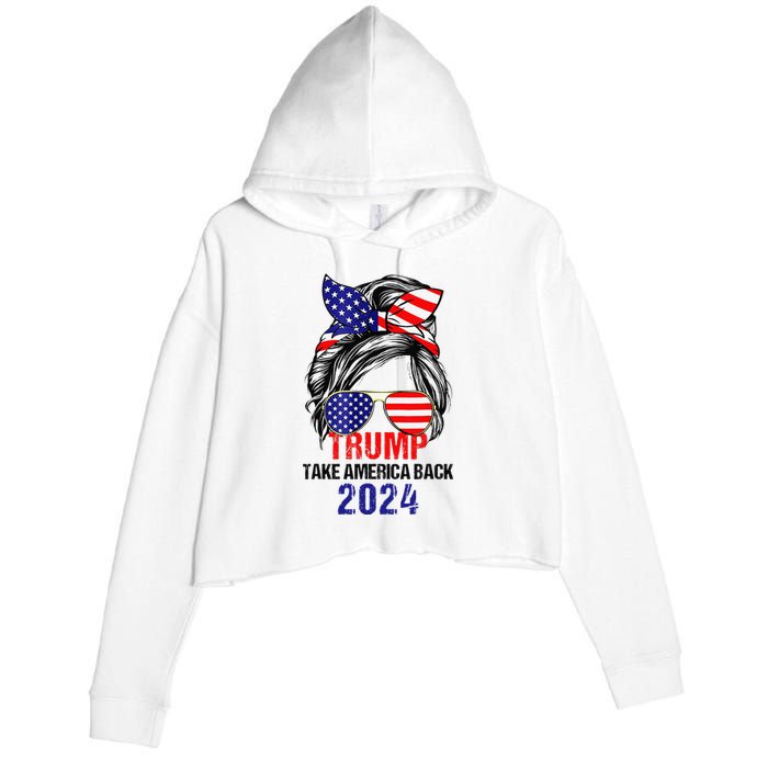 Messy Bun Support Trump 2024 Flag Take America Back Crop Fleece Hoodie