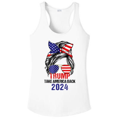 Messy Bun Support Trump 2024 Flag Take America Back Ladies PosiCharge Competitor Racerback Tank