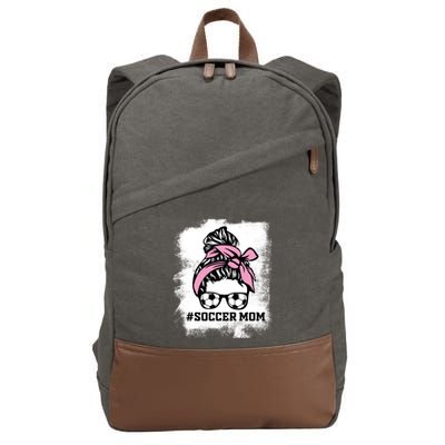 Messy Bun Soccer Mom Life Bleached Game Day Cheer Mom Gift Cotton Canvas Backpack