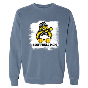 Messy Bun Softball Mom Life Bleached Game Day Cheer Mom Gift Garment-Dyed Sweatshirt