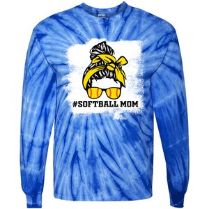 Messy Bun Softball Mom Life Bleached Game Day Cheer Mom Gift Tie-Dye Long Sleeve Shirt