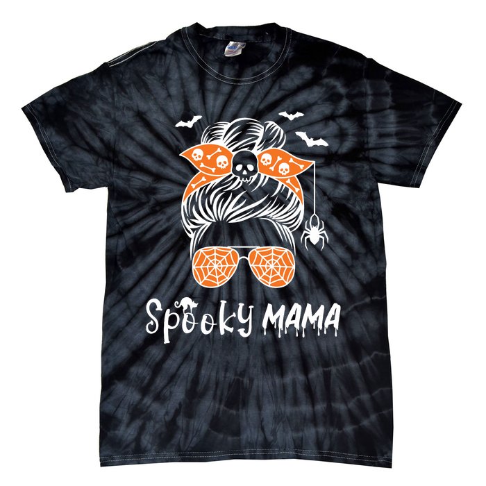 Messy Bun Spooky Mama Mom Funny Halloween Costume Skull Tie-Dye T-Shirt