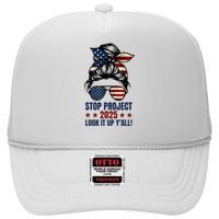 Messy Bun Stop Project 2025 Look It Up Y’All Us Flag High Crown Mesh Back Trucker Hat