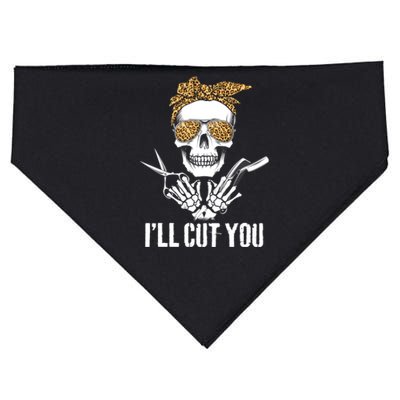 Messy Bun Skull Leopard Hairdresser I'll Cut You Halloween Funny Gift USA-Made Doggie Bandana