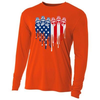 Messy Bun Skulls USA American Flag Painted Heart Cooling Performance Long Sleeve Crew