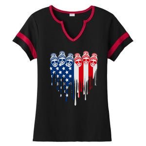 Messy Bun Skulls USA American Flag Painted Heart Ladies Halftime Notch Neck Tee