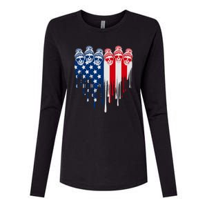 Messy Bun Skulls USA American Flag Painted Heart Womens Cotton Relaxed Long Sleeve T-Shirt