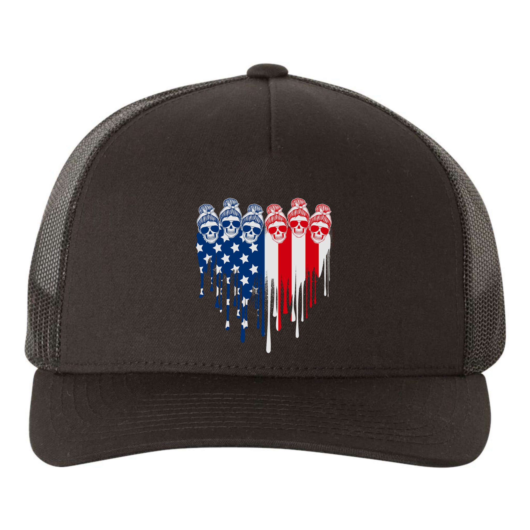 Messy Bun Skulls USA American Flag Painted Heart Yupoong Adult 5-Panel Trucker Hat