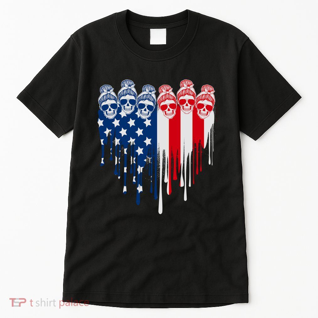 Messy Bun Skulls USA American Flag Painted Heart Tall T-Shirt