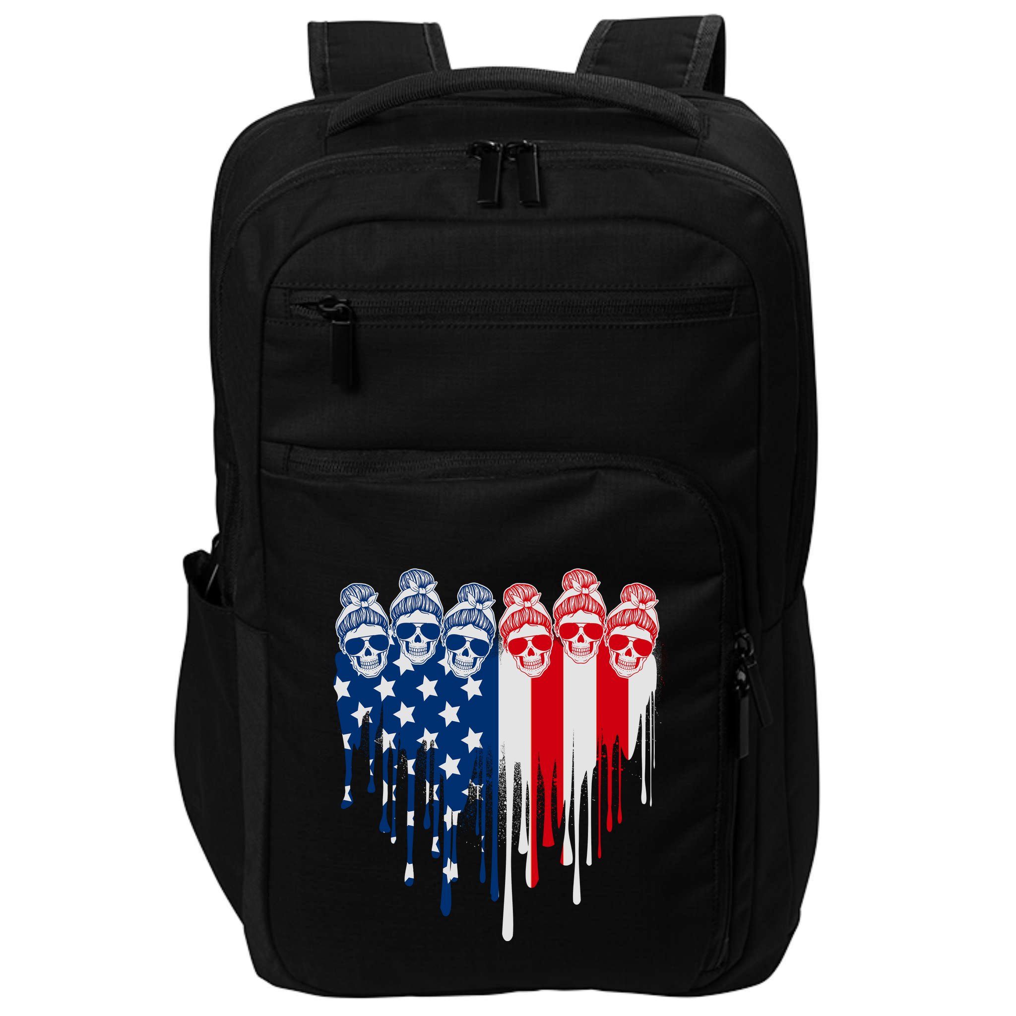 Messy Bun Skulls USA American Flag Painted Heart Impact Tech Backpack