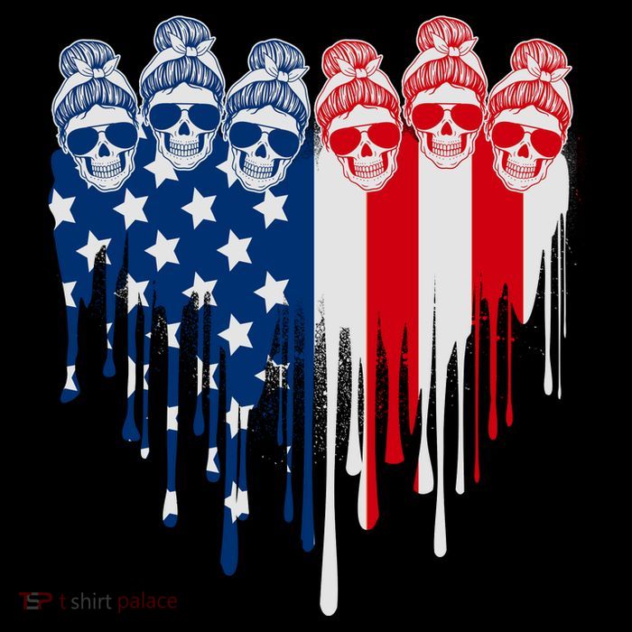 Messy Bun Skulls USA American Flag Painted Heart 7-Panel Snapback Hat