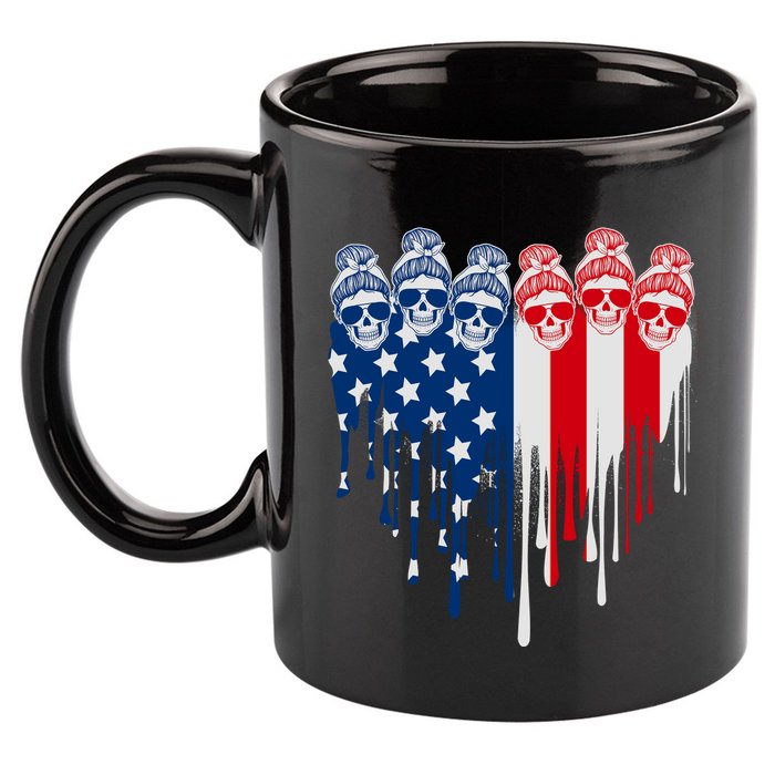Messy Bun Skulls USA American Flag Painted Heart 11oz C Handle Ceramic Mug