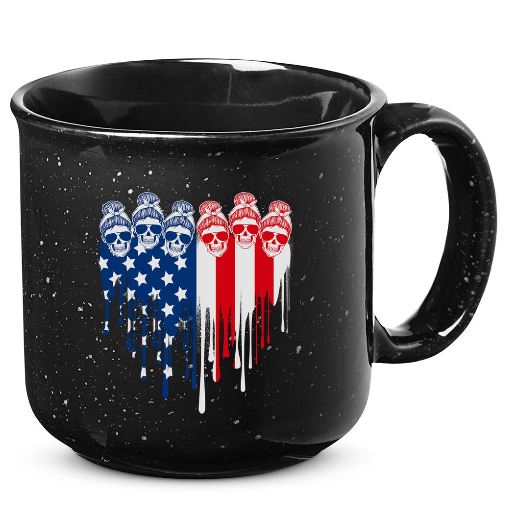 Messy Bun Skulls USA American Flag Painted Heart 15oz Campfire Ceramic Mug