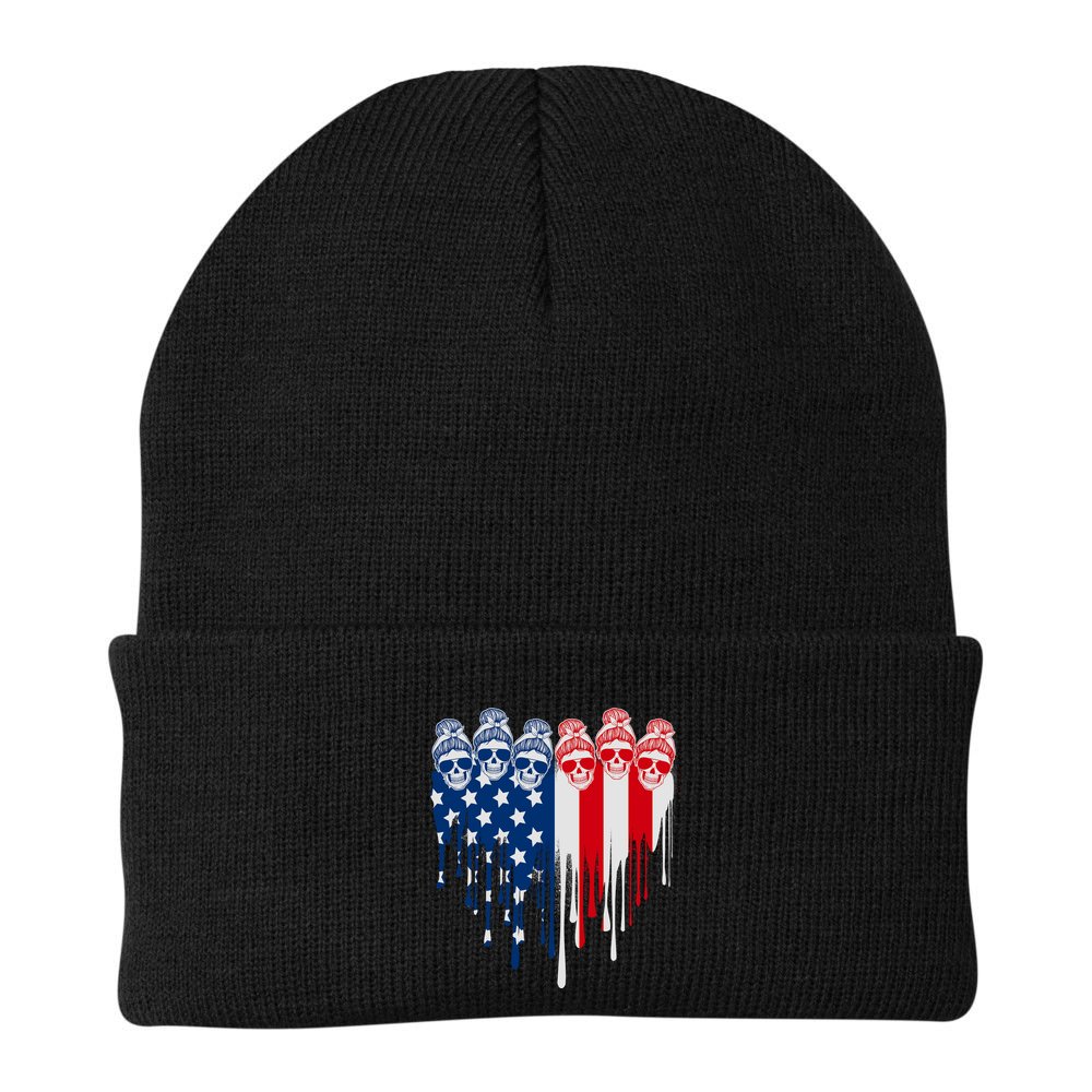 Messy Bun Skulls USA American Flag Painted Heart Beanie