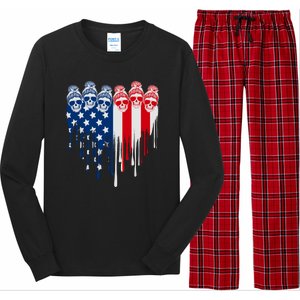 Messy Bun Skulls USA American Flag Painted Heart Long Sleeve Pajama Set