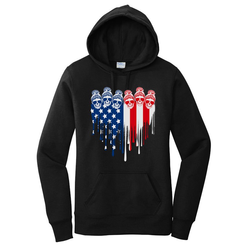 Messy Bun Skulls USA American Flag Painted Heart Women's Pullover Hoodie