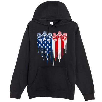 Messy Bun Skulls USA American Flag Painted Heart Premium Pullover Hoodie