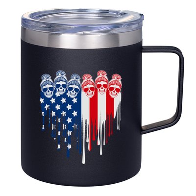 Messy Bun Skulls USA American Flag Painted Heart 12oz Stainless Steel Coffee Mug