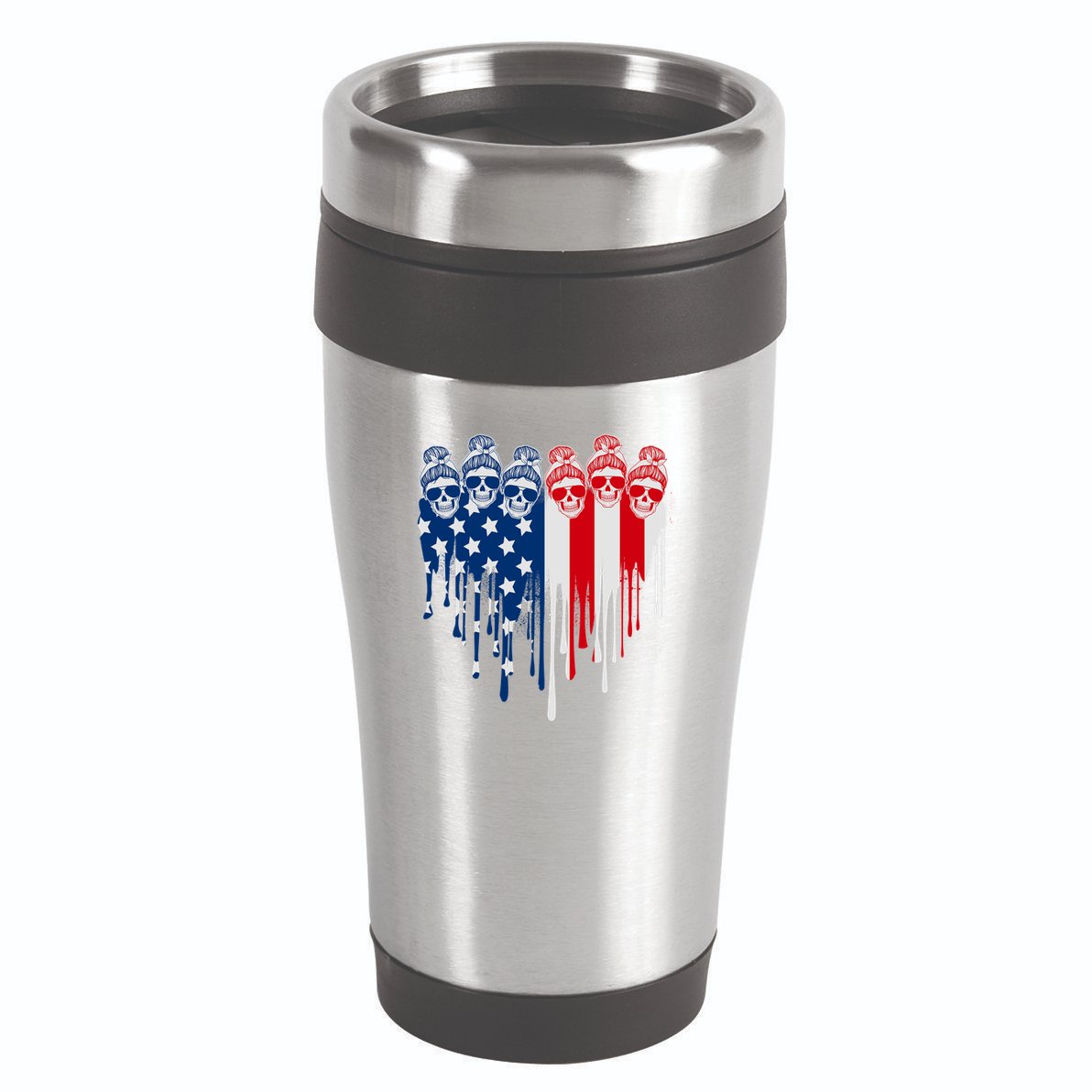 Messy Bun Skulls USA American Flag Painted Heart 16oz Travel Tumbler