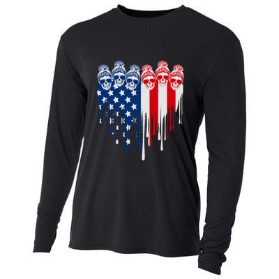Messy Bun Skulls USA American Flag Painted Heart Cooling Performance Long Sleeve Crew
