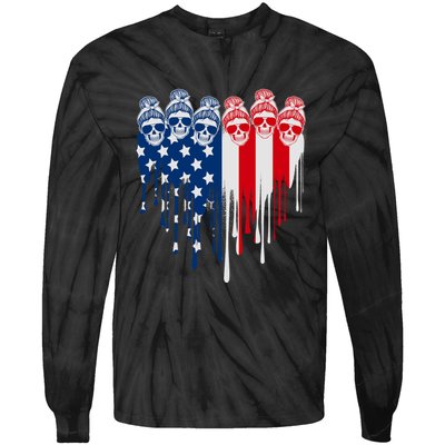 Messy Bun Skulls USA American Flag Painted Heart Tie-Dye Long Sleeve Shirt