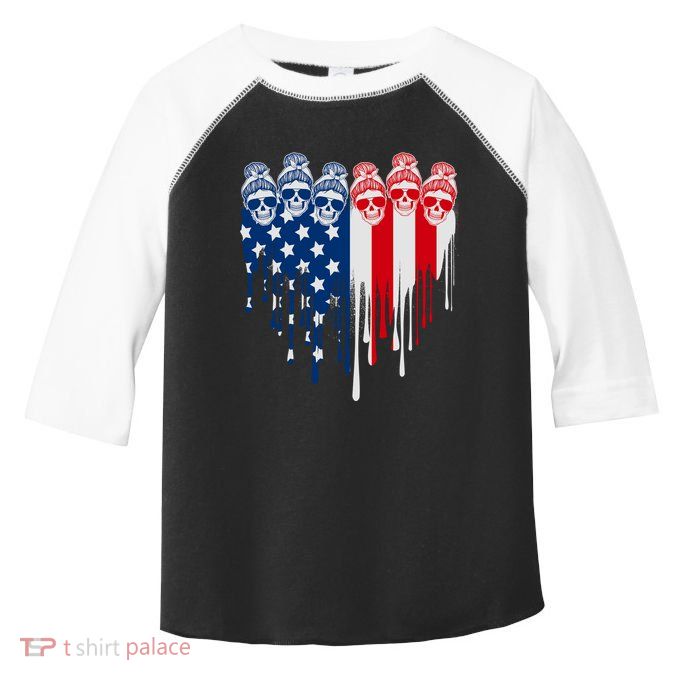 Messy Bun Skulls USA American Flag Painted Heart Toddler Fine Jersey T-Shirt