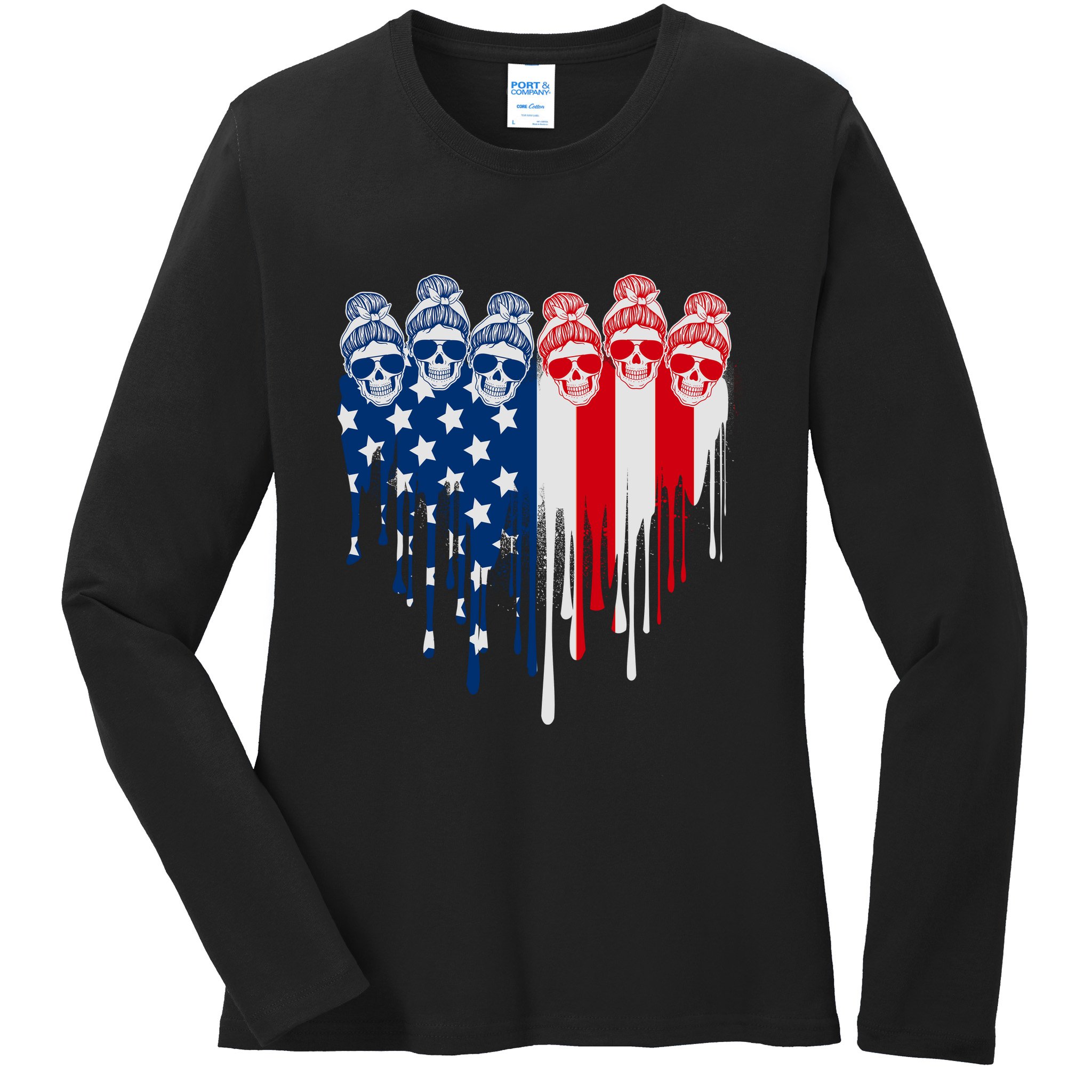 Messy Bun Skulls USA American Flag Painted Heart Ladies Long Sleeve Shirt