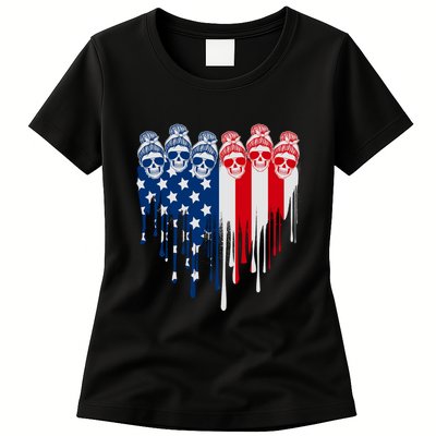 Messy Bun Skulls USA American Flag Painted Heart Womens T-Shirt